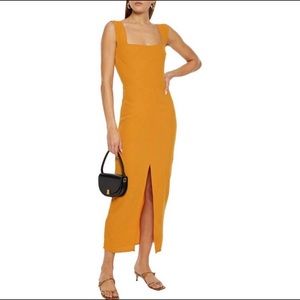 Reformation Graciella Split Front Crepe Midi Dress Saffron Yellow 4 Square Neck